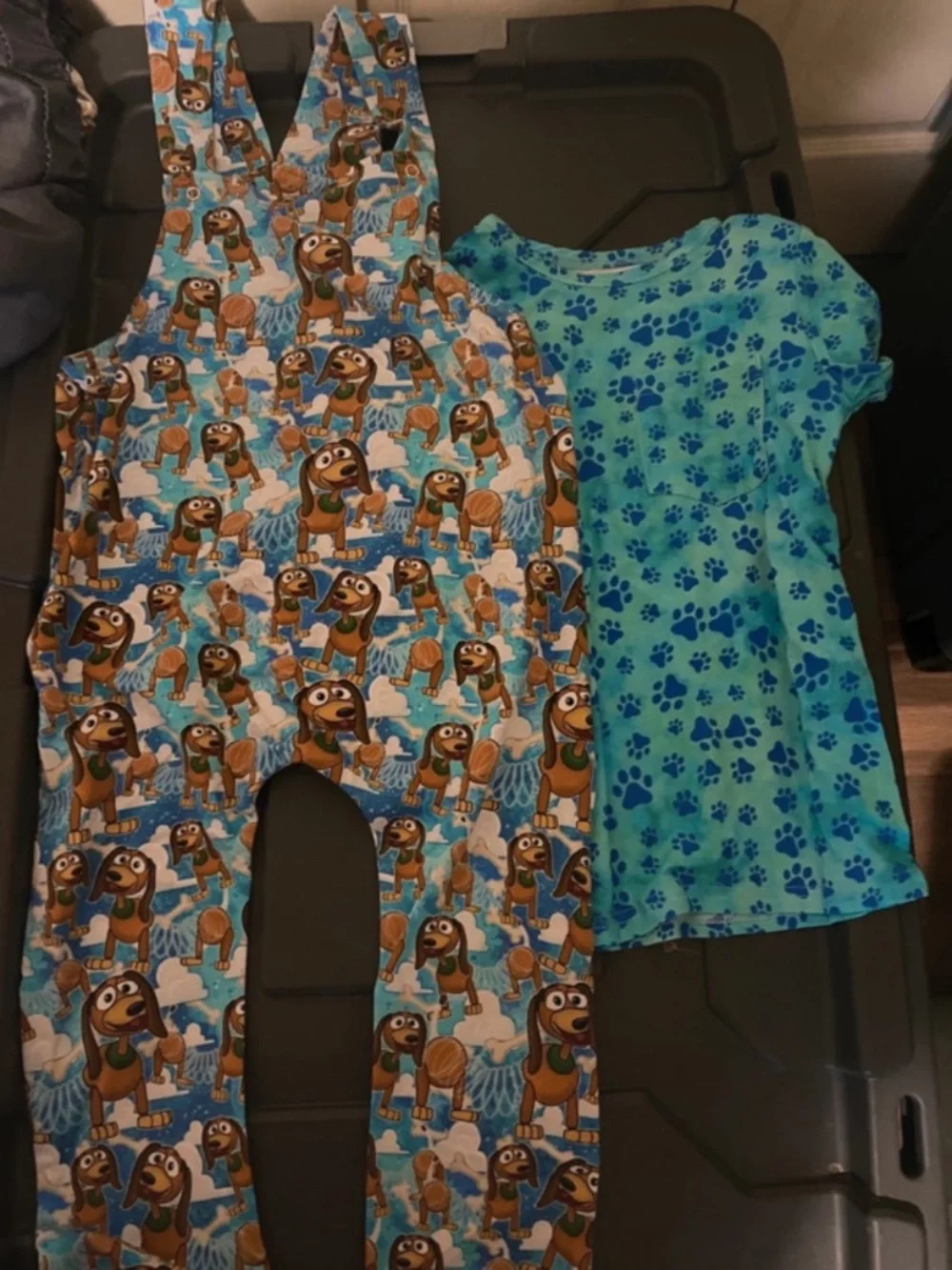 Kids Blue Paw-Print Tee and Cartoon Dog Overalls Set